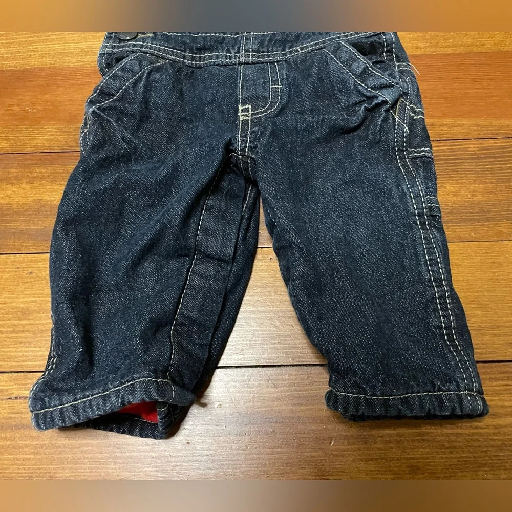 OshKosh B'gosh Dark Blue Denim Overalls with Red Fleece Lining Size 3 Months